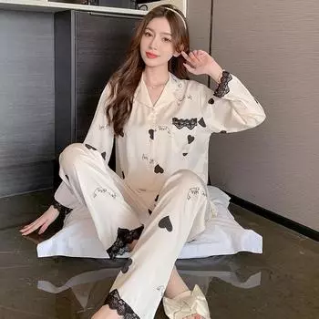 Пижамы из ледяного шелка, женские весенне-осенние пижамы с длинными рукавами и двумя предметами M бежевый