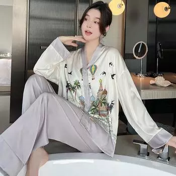 Пижамы из ледяного шелка, женские весенне-осенние кардиганы с длинными рукавами, высококачественный пижамный костюм с принтом XL