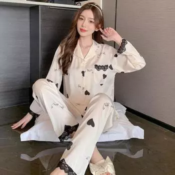Пижамы из ледяного шелка, женские весенне-осенние пижамы с длинными рукавами и двумя предметами M белый