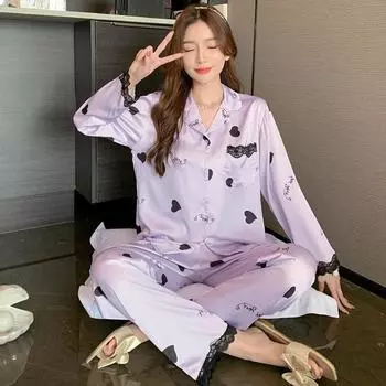 Пижамы из ледяного шелка, женские весенне-осенние пижамы с длинными рукавами и двумя предметами M белый