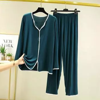 Пижамы из модала, весна и осень, тонкий стиль, белые края, брюки с v-образным вырезом и длинными рукавами, свободная домашняя одежда большого размера, костюм из двух предметов
