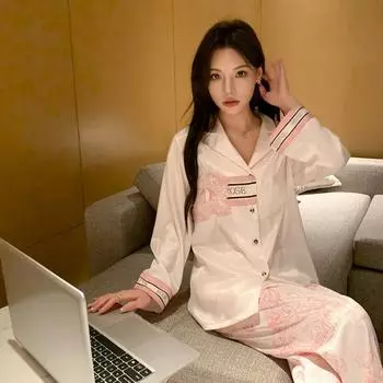 Пижамы из шёлка Sweet Temperament для девочек, домашняя одежда, пижамы из шёлка Ice Silk с длинными рукавами, брюки, костюм, пижама M розовый