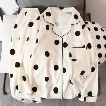 Пижамы корейские пижамы из 2 предметов с принтом в горошек, V-образный вырез, дизайн на пуговицах, домашняя одежда, женские пижамы, осенние новые универсальные пижамы M