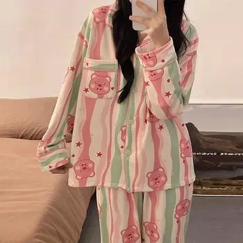 Пижамы Мультфильм Домашняя одежда Новые шелковые пижамы Женские пижамы из двух частей Комплект женской пижамы M