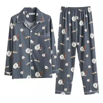 Пижамы мужские хлопковые весенне-осенние пижамы с длинными рукавами для мужчин осенне-зимние тонкие летние домашние костюмы для молодежи и среднего возраста L