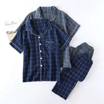 Пижамы мужские летние хлопковые марлевые летние рукава кардиган полностью хлопковые домашние комплекты S