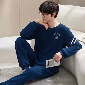 Пижамы мужские с длинным рукавом из хлопка весна и осень простой молодежный домашний костюм для отдыха можно носить L