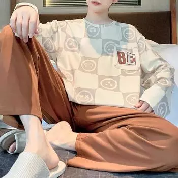 Пижамы мужские весенние и осенние клетчатые однотонные, большого размера, молодежные домашние костюмы с длинными рукавами, одежда для отдыха L легкие хаки