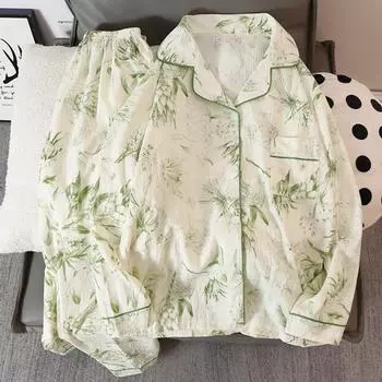 Пижамы повседневные с отложным воротником домашняя одежда женские пижамы осень новые винтажные пижамы M