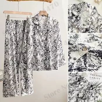 Пижамы с цветочным принтом, женские пижамы, весенние и летние шелковые атласные брючные костюмы, пижамы, повседневная одежда, свободная домашняя одежда M белый