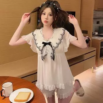 Пижамы с короткими рукавами, летние женские костюмы, французская сетка с короткими рукавами, кружево в стиле суда и высококачественная домашняя одежда · M