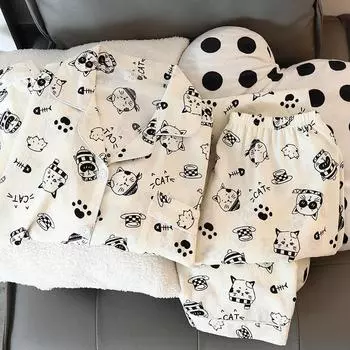 Пижамы с принтом в виде мультяшного кота и букв, женская осенняя новая мягкая женская пижама, комплект из 2 предметов, повседневная милая домашняя одежда XXL