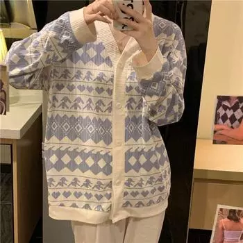 Пижамы с принтом женские осенние Ins на пуговицах с v-образным вырезом и длинными рукавами корейский милый кардиган для девочек домашние длинные брюки из двух частей студенческая верхняя одежда шикарная M