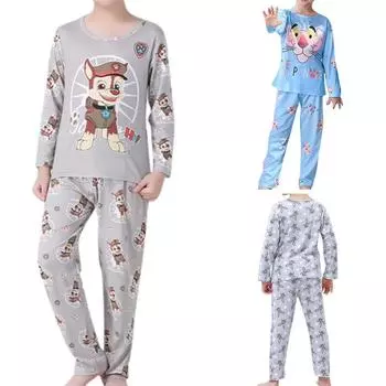 Пижамы унисекс с мультяшным принтом для мальчиков и девочек с круглым вырезом и длинными рукавами, повседневная одежда для дома 10 серый