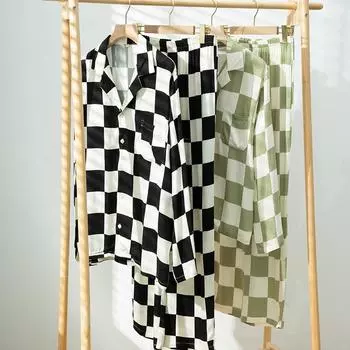 Пижамы в клетку в клетку, женские хлопковые корейские винтажные элегантные и шикарные простые брюки на пуговицах с длинными рукавами, осенняя домашняя одежда, домашний костюм из двух предметов M зелёный