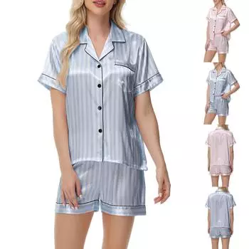 Пижамы в полоску с принтом женские с длинным и коротким рукавом из сатина большого размера для дома L светло-синий