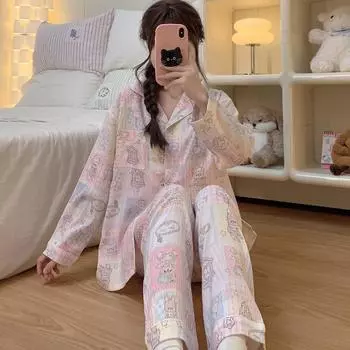 Пижамы в стиле Харадзюку с милым принтом медведя для женщин, с пуговицами, отворотами, шеей, пижамы для осени и зимы для женщин, домашняя одежда M