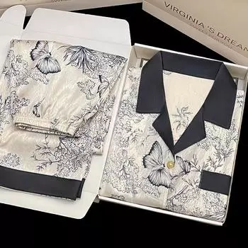 Пижамы в стиле ретро с рисунком тушью для женщин, весна/лето, короткие рукава и длинные брюки, домашняя одежда из атласного шелка, роскошные модные пижамы 40-50KG