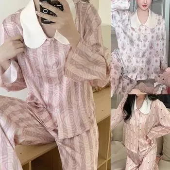 Пижамы женская одежда весна осень длинный рукав тонкий мультфильм мода высокого класса милый домашний свободный удобный дышащий повседневный пижама M белый