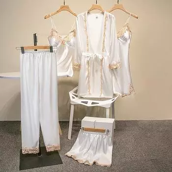Пижамы женские 5 шт пижамный комплект атласная пижама кружево пэчворк свадебная ночная рубашка вискоза домашняя одежда ночная рубашка и халат костюм XXXL белый