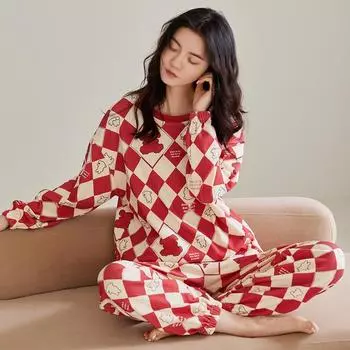 Пижамы, женские хлопковые брюки с круглым вырезом и длинными рукавами, костюм из двух предметов, тонкая домашняя одежда, которую можно носить на улице весной M
