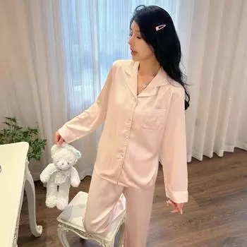 Пижамы женские Ice Silk, домашняя одежда, осенний комплект из двух предметов с длинными рукавами и брюками, удобная шелковая пижама с рисунком для женщин M розовый