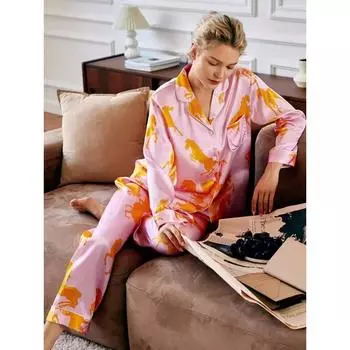 Пижамы женские из чистого шелка с принтом, классические летние женские пижамы, домашняя одежда, женская длинная домашняя одежда, новые пижамы, повседневные пижамы M