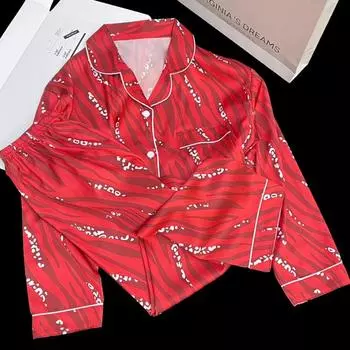 Пижамы женские из искусственного шелка с принтом, брюки с длинными рукавами, женские пижамы, домашняя одежда для женщин на весну и осень M