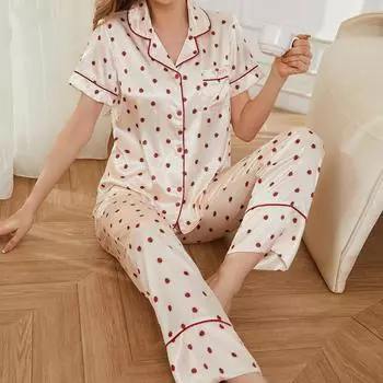 Пижамы женские летние из тонкого ледяного шелка, простые повседневные длинные брюки с короткими рукавами, комплект из двух предметов для домашней одежды S