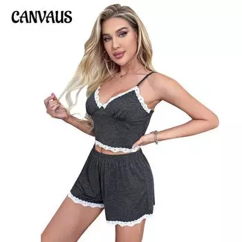 Пижамы женские летние с v-образным вырезом на бретельках кружевные сексуальные домашние костюмы S темно серый