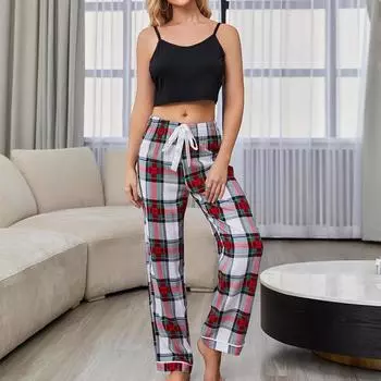 Пижамы женские летние топы с бретельками через шею с длинными брюками костюм простая домашняя одежда S чёрный