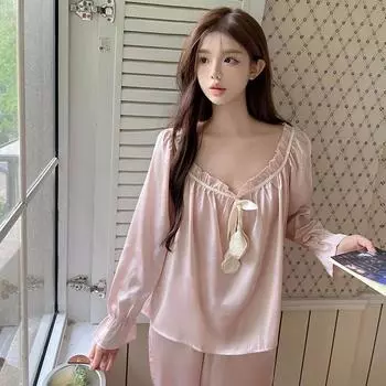 Пижамы женские новые весенне-осенние пуловеры с длинными рукавами из двух частей костюм французская высококачественная домашняя одежда M розовый