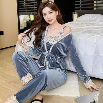 Пижамы женские одежда зимний бархат пижамный комплект кружевной сексуальный пижамы женские рубашки с длинным рукавом + брюки пижама велюр домашняя одежда M