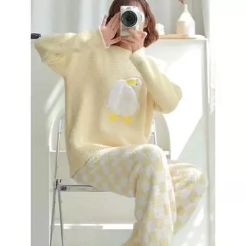 Пижамы женские осенне-зимние Домашняя одежда Коралловый флис Утепленная верхняя одежда Костюм можно носить на улице. S