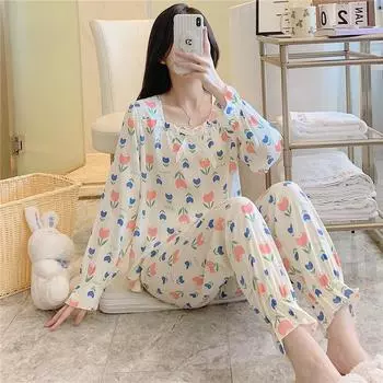 Пижамы женские с длинными рукавами из тонкого хлопка и шелка корейский комплект одежды для сна больших размеров L розовый