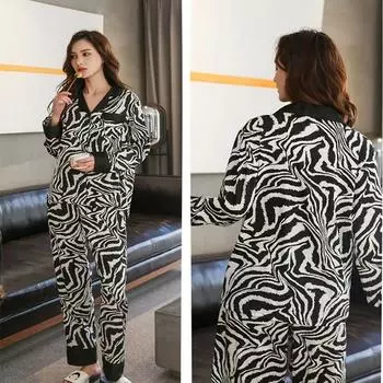 Пижамы женские с принтом зебры, длинные рукава, комплект из 2 предметов, домашняя одежда, женская полосатая пижама на весну, осень и зиму M чёрный