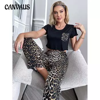 Пижамы женские весенне-летние без талии с короткими рукавами и леопардовым принтом, длинные брюки, комплект домашней одежды, спальные костюмы S золотистый