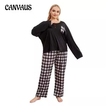 Пижамы женские весенне-осенние и зимние с длинными рукавами в клетку плюс размер женская домашняя одежда костюм 1XL чёрный