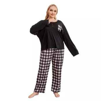 Пижамы женские весенне-осенние и зимние с длинными рукавами в клетку плюс размер женская домашняя одежда костюм 1XL чёрный