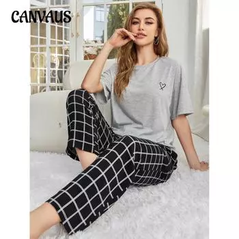 Пижамы женские весенне-осенние летние футболки с короткими рукавами брюки простой домашний костюм для отдыха S чёрный