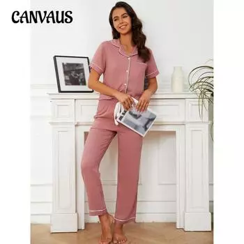 Пижамы женские весенне-осенние однотонные с короткими рукавами и длинными брюками, домашняя одежда, комплект из двух предметов S розовый