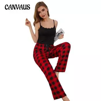 Пижамы женские весенне-осенние с кружевными краями, клетчатые брюки с лямкой на шее, комплект домашней одежды S чёрный