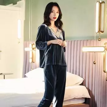Пижамы женские весенние, осенние и зимние, золотые бархатные брюки с длинными рукавами, состоящие из двух частей, можно носить, повседневная домашняя одежда M темно-синий