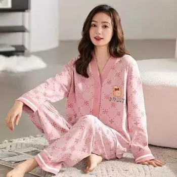 Пижамы женские весна и осень чистый хлопок с длинными рукавами для мам среднего возраста свободная домашняя одежда комплект домашней одежды M