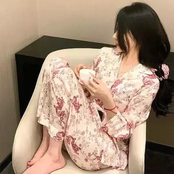 Пижамы женские весна и осень Красный Ледяной Шелк Женщины Лето Высокого Качества Sense M