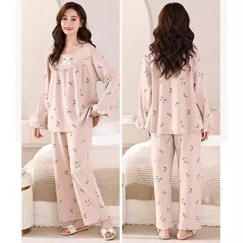 Пижамы женские весна осень хлопковые пижамы комплект с длинными рукавами брюки для мам среднего возраста домашняя одежда свободные костюмы больших размеров M