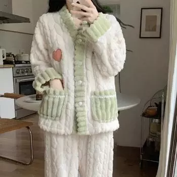 Пижамы женские зимние теплые пижамные комплекты из кораллового флиса плотная фланель домашняя одежда комплекты Kawaii одежда пижамы с длинным рукавом ночная рубашка M