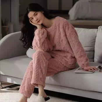 Пижамы женские зимние утолщенные жаккардовые большие размеры фланелевые домашние услуги M розовый