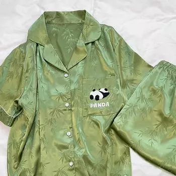 Пижамы, женский летний костюм, летний домашний костюм с короткими рукавами и свежей зеленой пандой, можно носить на улице 2XL зелёный