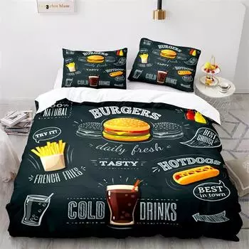 Pizza Duvet Cover Burger Hot Dog French Fries Microfiber Dessert Western Food Quilt Cover Fast Food Theme Decor Children Adults 70x133cm 2pcs